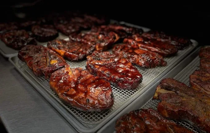Glazed pork steaks fresh off the pit